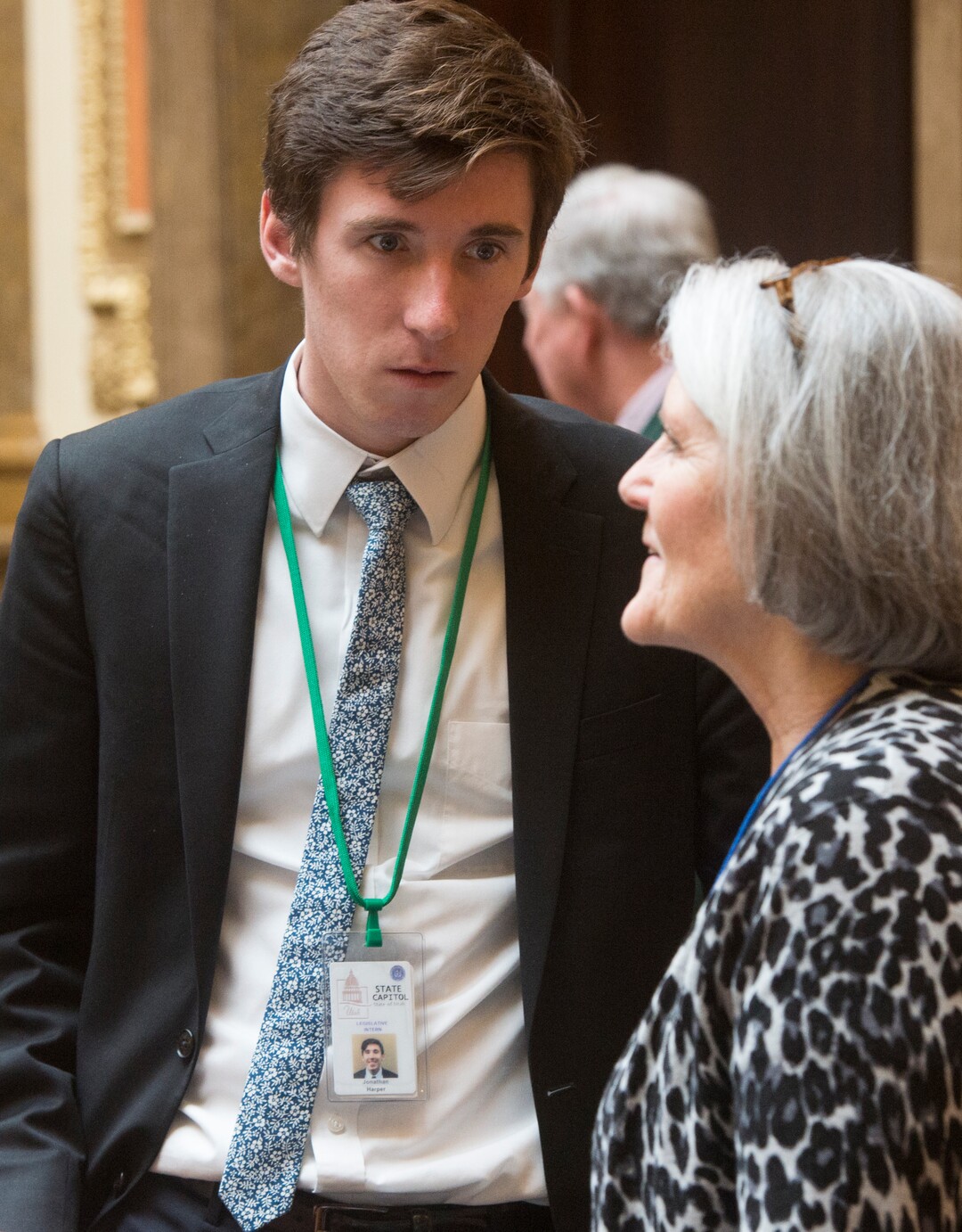 (Rick Egan  |  The Salt Lake Tribune)   Rep. Elizabeth Weight talks with her intern Jonathan Harper, in the Utah House of Representatives, Friday, March 2, 2018.