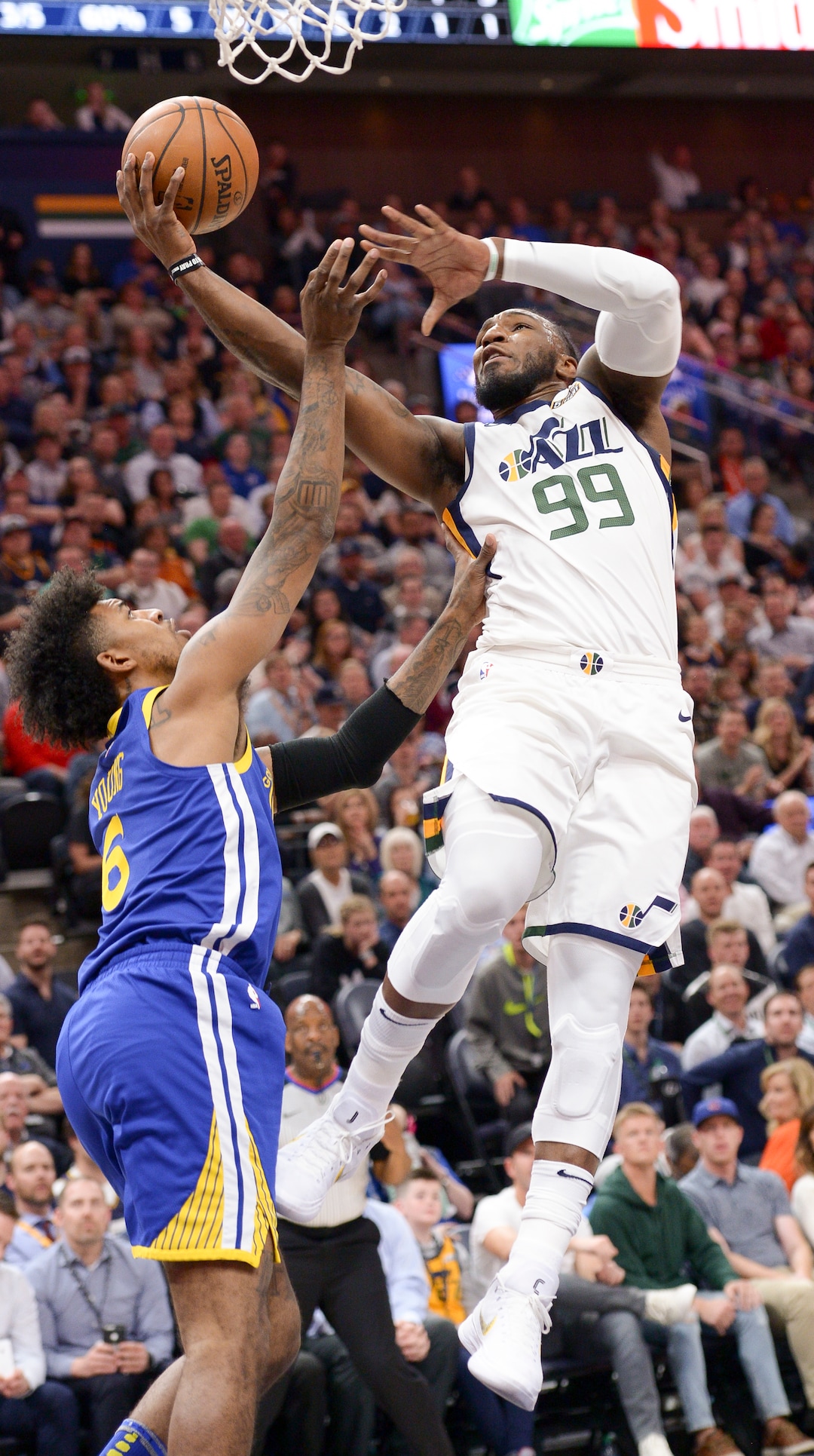 (Leah Hogsten  |  The Salt Lake Tribune)  Utah Jazz forward Jae Crowder (99) with the bucket.  The Utah Jazz lead the Golden State Warriors 62-33 during their game, Tuesday, April 10, 2018 at the Vivant Smart Home Arena. 