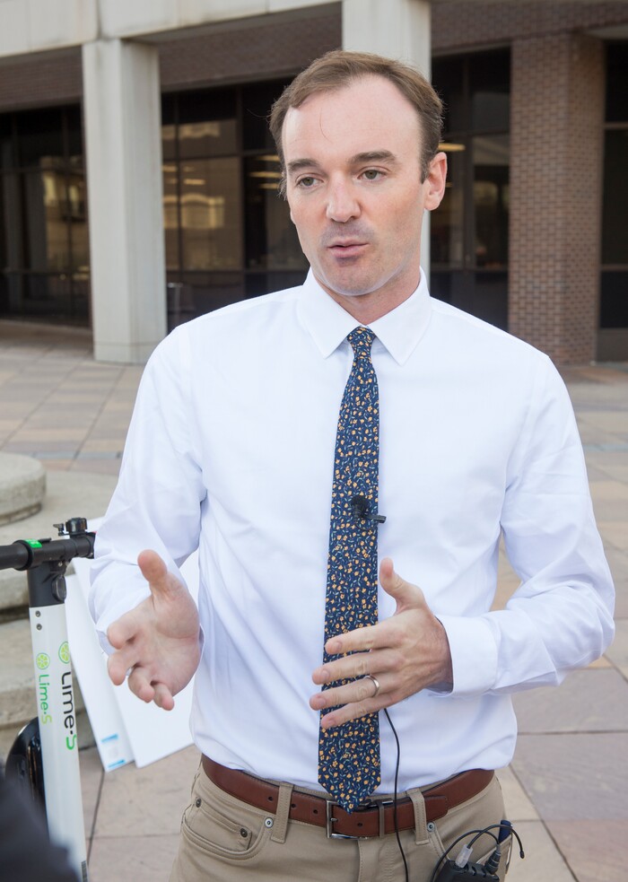 (Rick Egan  |  The Salt Lake Tribune)      Sam Reed, director of government relations central region for Bird, speaks at a news conference, along with Salt Lake City mayor Jackie as Salt Lake City launches a new campaign with e-scooter companies Lime and Bird in an effort to help residents and visitors understand the rules of the sidewalk, Wednesday, Oct. 3, 2018.


