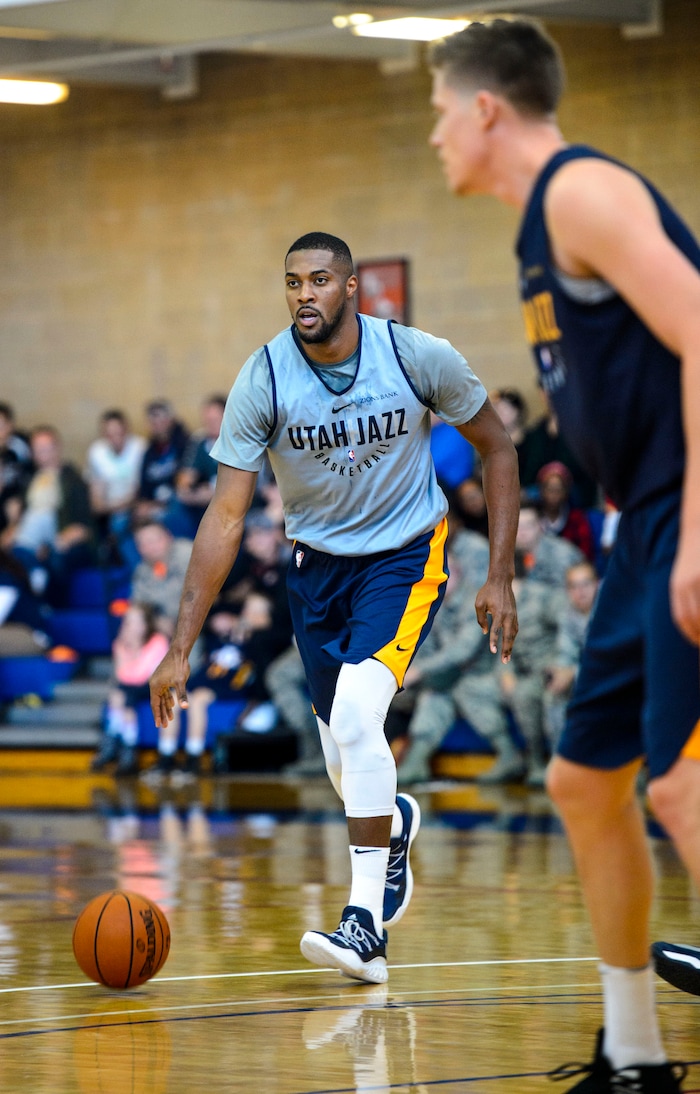 (Steve Griffin  |  The Salt Lake Tribune)    Utah Jazz forward Derrick Favors dribbles the ball as the Jazz scrimmage in the Warrior Fitness Center on Hill Air Force Base as a part of a "Hoops for Troops" promotion Ogden Friday September 29, 2017. It's also Utah's first public scrimmage of the season, and the first look at how the new pieces of the team will work together. 