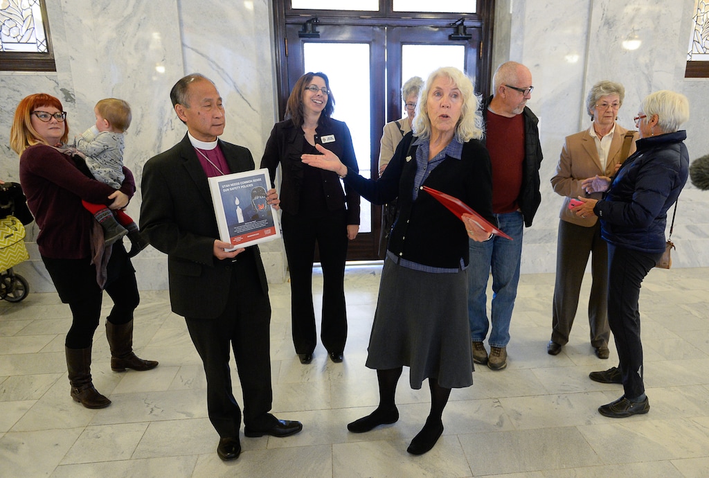 Francisco Kjolseth  |  The Salt Lake TribuneMembers of the Gun Violence Prevention Center of Utah, MomsRising.org, and The Campaign to Keep Guns Off Campus speak with the press after delivering more than 20,000 signatures to Governor Gary Herbert’s office at the Utah Capitol on Friday, Nov. 21, 2014, asking him to stand up for free speech and against campus gun laws that protect threats of violence against public speakers.