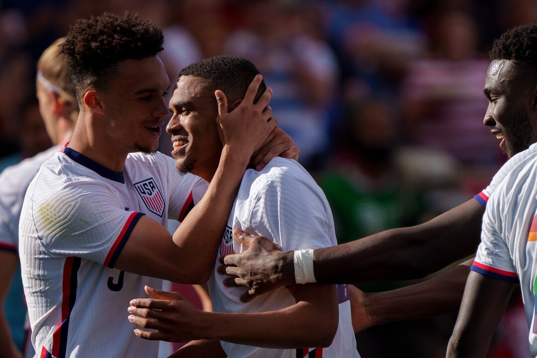 (Trent Nelson  |  The Salt Lake Tribune) United States defender Antonee Robinson and United States defender Reggie Cannon celebrate Cannon's goal as the U.S. Men’s National Team (USMNT) faces Costa Rica in a friendly at Rio Tinto Stadium in Sandy on Wednesday, June 9, 2021.