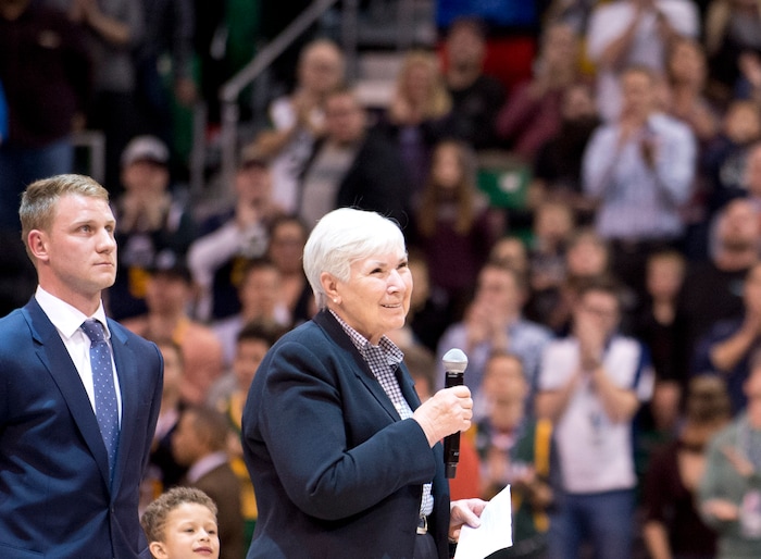 Lennie Mahler  |  The Salt Lake Tribune

Gail Miller, owner and chairman of The Larry H. Miller Group of Companies announces during a game against the Oklahoma City Thunder she will transfer ownership of the Utah Jazz and Vivint Smart Home Arena to a family-owned legacy fund Monday, Jan. 23, 2017. Left of Miller is her grandson, Zane Miller.