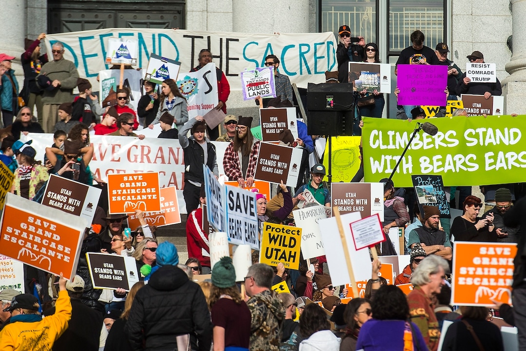 (Chris Detrick  |  The Salt Lake Tribune) Supporters of the Bears Ears and Grand Staircase-Escalante National Monuments rally at the Utah State Capitol Saturday, December 2, 2017.  