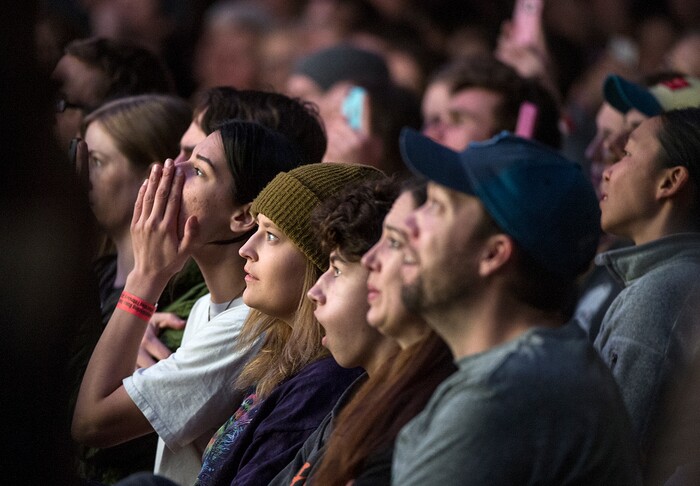 (Leah Hogsten  |  The Salt Lake Tribune) Spectators react as climbers solve problems during USA Climbing's Bouldering Open National Championships at the Salt Palace Convention Center, Saturday, February 3, 2018 in Salt Lake City, UT. 

. 