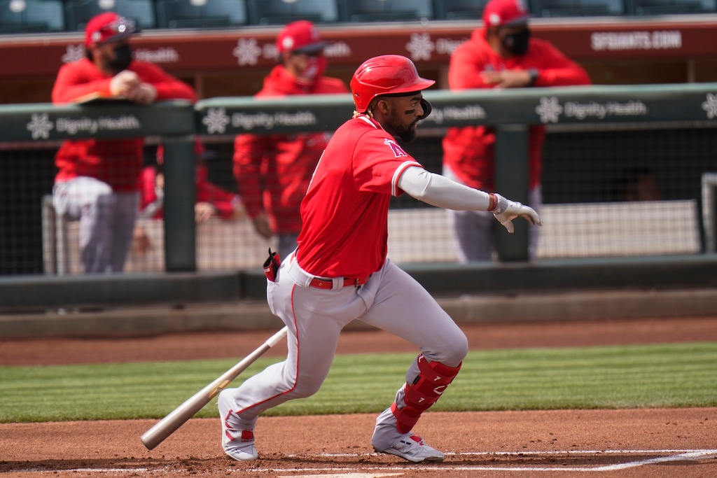 (Jae C. Hong | AP) Los Angeles Angels' Jo Adell watches after hitting a ground ball in the first inning of a spring baseball game against the San Francisco Giants in Scottsdale, Ariz., Sunday, Feb. 28, 2021. After playing for the Salt Lake Bees in 2019, Adell made his MLB debut for the Los Angeles Angels in 2020. He'll start the 2021 season in Salt Lake to work on his defensive development.
