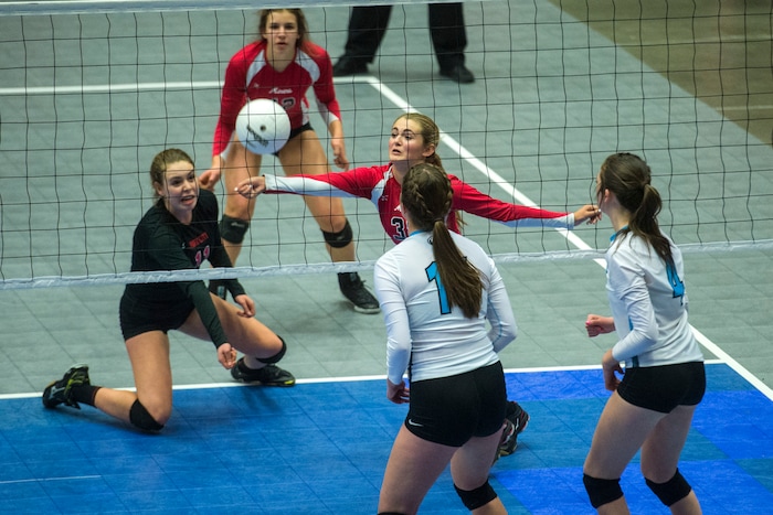 (Chris Detrick  |  The Salt Lake Tribune)  Park City's Grace Stover (38) hits the ball during the the 4A volleyball state championships at the UCCU Center at Utah Valley University Thursday, October 26, 2017.  