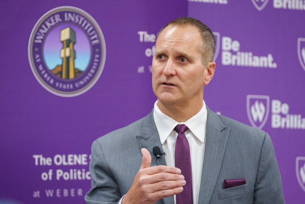 (Trent Nelson  |  The Salt Lake Tribune) Ben Nadolski speaks in the Ogden Mayoral Debate at Weber State on Thursday, Oct. 19, 2023.