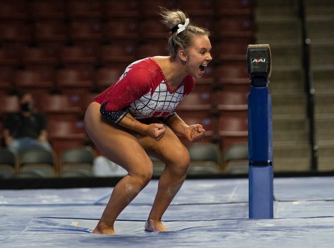 (Rick Egan | The Salt Lake Tribune) Maile O'Keefe reacts after competing on the bean for Utah in the PAC-12 Gymnastics Championship tournament at the Maverik Center, on Saturday, March 20, 2021.