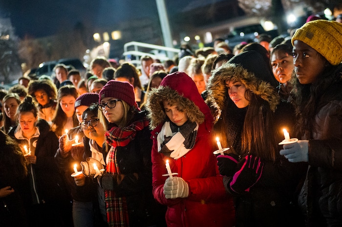 Michael Mangum  |  Special to the Tribune

Students stand in somber silence during a candlelight vigil held outside the N. Eldon Tanner Building on the campus of BYU in Provo, UT on Wednesday, December 5th, 2018. The vigil was held as a memorial for a student who died by suicide inside the building.
