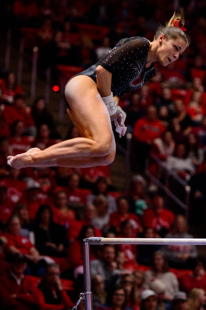 (Trent Nelson  |  The Salt Lake Tribune) Missy Reinstadtler on the bars as the University of Utah hosts Arizona State, NCAA gymnastics in Salt Lake City on Friday, Jan. 24, 2020.