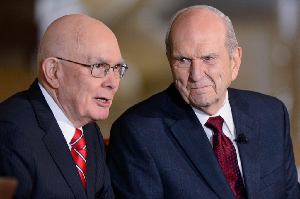 (Trent Nelson | The Salt Lake Tribune) Russell M. Nelson looks on as Dallin H. Oaks addresses members of the media at a news conference in the lobby of the Church Office Building in Salt Lake City, Tuesday, Jan.16, 2018. Nelson was named the 17th president of the nearly 16 million-member Church of Jesus Christ of Latter-day Saints.