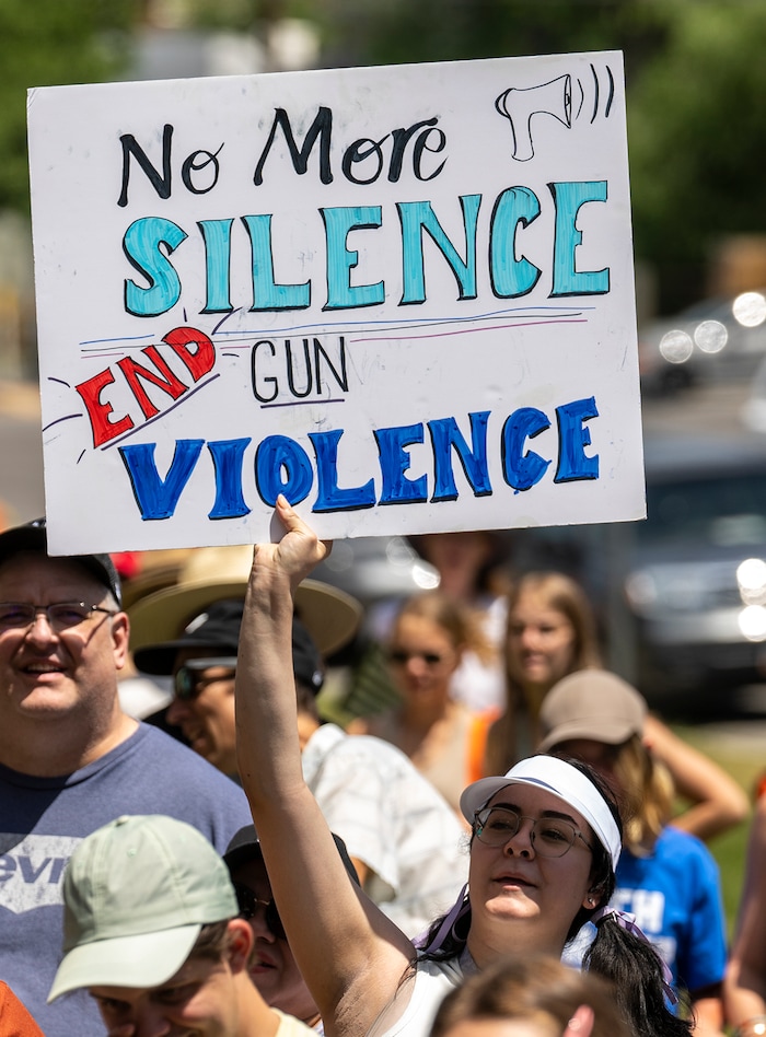 (Leah Hogsten | The Salt Lake Tribune) Hundreds of Utahns marched from West High School to the Capitol, Saturday, June 11, 2022, during the March For Our Lives SLC event. The march is in response to the most recent shootings in Uvalde, Buffalo and Tulsa to demand action from Utah legislators and congressmen to enact gun safety laws.