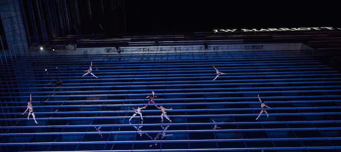 (Photo courtesy of Katherine Barcsay) Oakland, Calif.-based “vertical dance” company BANDALOOP performs with pop star P!nk on the JW Marriott building in Los Angeles at the 2017 American Music Awards. BANDALOOP will be appearing at the Utah Arts Festival June 21-24, and will perform twice daily (5:30 and 7 p.m.) on the six-story library glass wall above the reflecting pool.