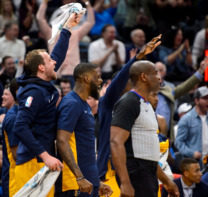 (Steve Griffin  |  The Salt Lake Tribune)  The Jazz bench explodes with excitement as Utah Jazz forward Jonas Jerebko (8) nails a three-pointer during the Utah Jazz versus Detroit Pistons at Vivint Smart Home Arena in Salt Lake City Tuesday March 13, 2018.