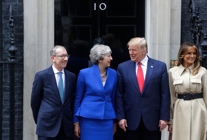 Britain's Prime Minister Theresa May and her husband Philip greet President Donald Trump and first lady Melania outside 10 Downing Street in central London, Tuesday, June 4, 2019. President Donald Trump will turn from pageantry to policy Tuesday as he joins British Prime Minister Theresa May for a day of talks likely to highlight fresh uncertainty in the allies' storied relationship. (AP Photo/Kirsty Wigglesworth)