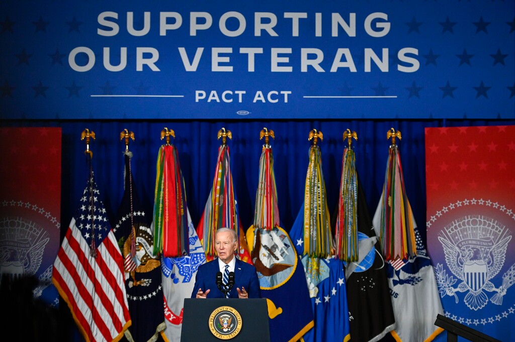 President Joe Biden speaks at the George E. Wahlen Department of Veterans Affairs Medical Center, Thursday, Aug. 10, 2023, in Salt Lake City. Biden is speaking on the one-year anniversary of the PACT Act, which provides new benefits to veterans who were exposed to toxic substances. (AP Photo/Alex Goodlett)