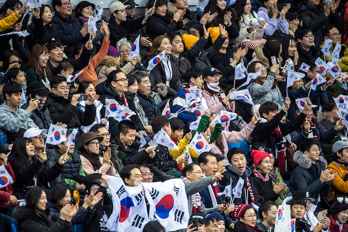 (Chris Detrick  |  The Salt Lake Tribune)  Spectators watch and cheer during the Men's 500m Short Track Speed Skating at Gangneung Ice Arena Pyeongchang 2018 Winter Olympics Tuesday, Feb. 20, 2018. 
