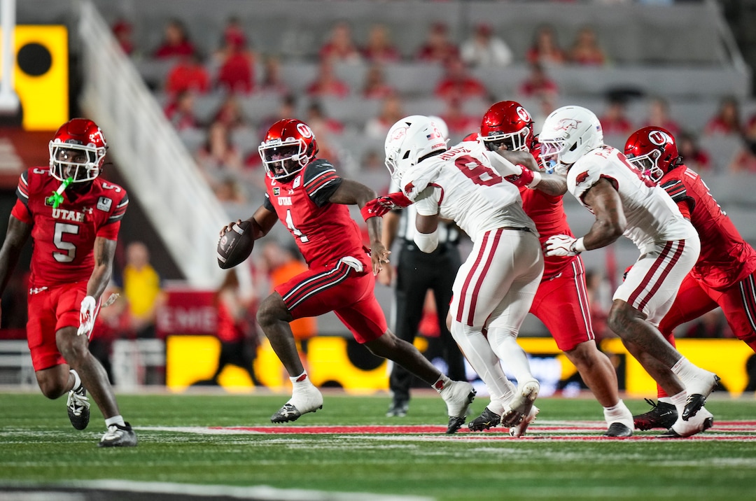 (Bethany Baker  |  The Salt Lake Tribune) Utah Utes quarterback Devon Dampier (4) looks to throw during the game between the Utah Utes and the Arkansas Razorbacks in Salt Lake City on Saturday, Sept. 12, 2026.