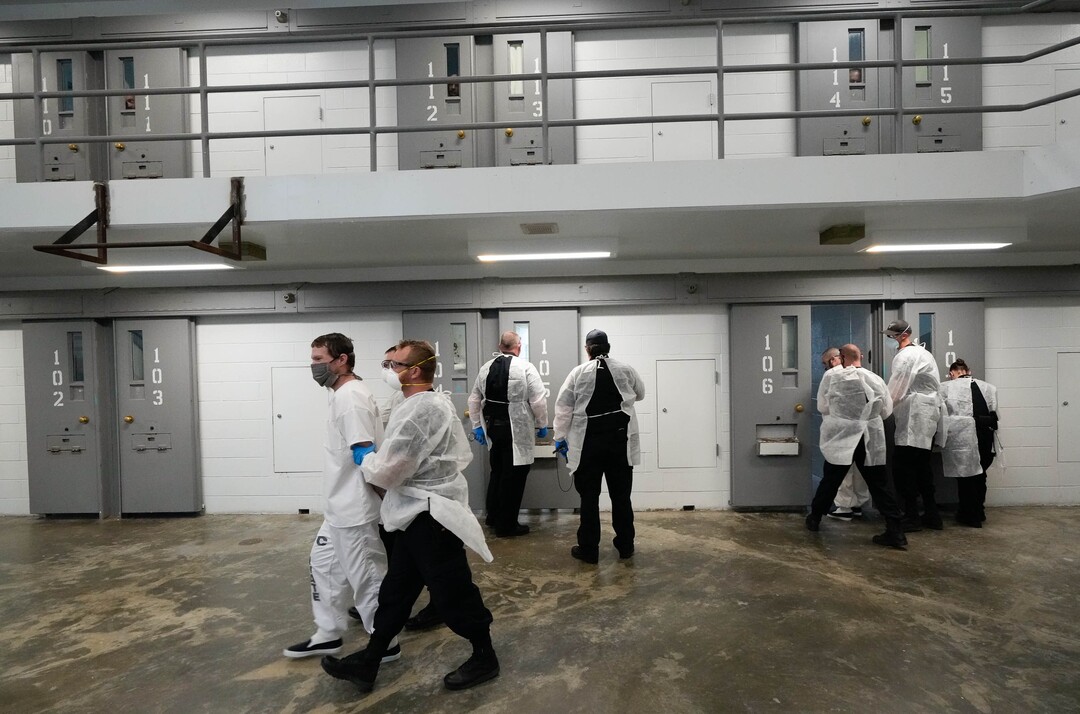 (Francisco Kjolseth | The Salt Lake Tribune) Inmates interested in getting the COVID-19 vaccination at the Utah State Prison in Draper are moved into the day room one by one to get the shot on Tuesday, July 27, 2021.