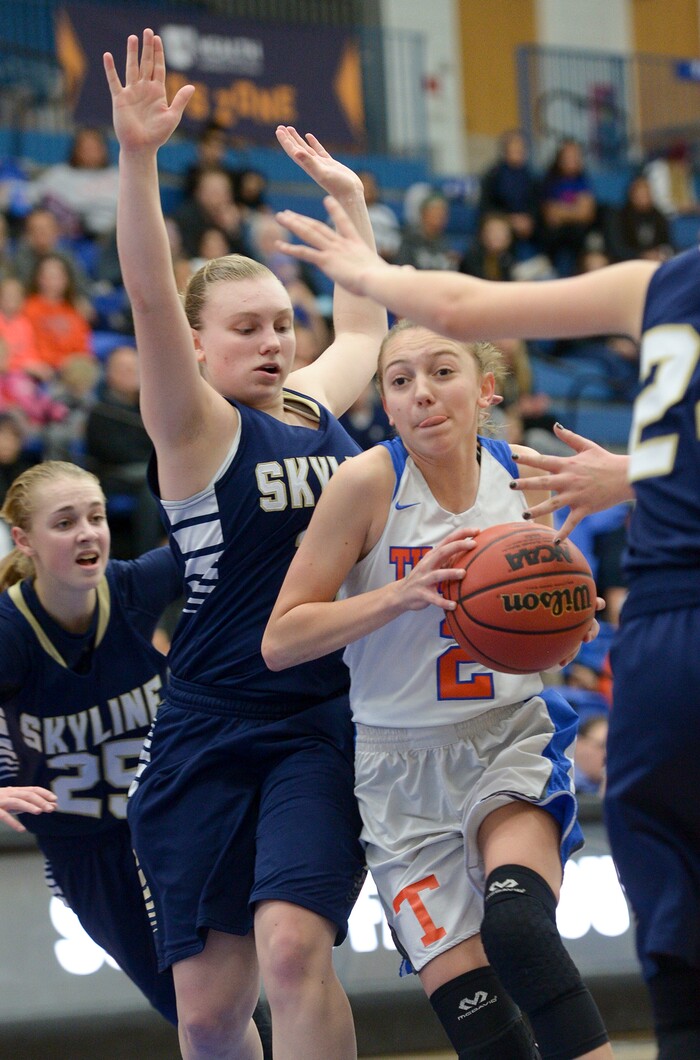 (Leah Hogsten  |  The Salt Lake Tribune) Timpview's Madelyn Boulton (02) drives to the net.  Timpview faces Skyline in their semifinal game of the 5A High School Girls' Basketball Tournament at SLCC in Taylorsville, Friday, Feb. 23, 2018. 