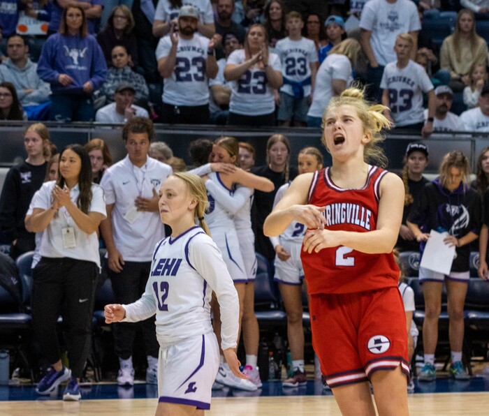 (Rick Egan | The Salt Lake Tribune) Springville Red Devils guard, Brooke Pennington (2) celebrates at the buzzer, as Springville defeats Lehi 54-43, in the Girls 5A State Championship game, at the Marriott Center in Provo, on Saturday, March 5, 2022. 
