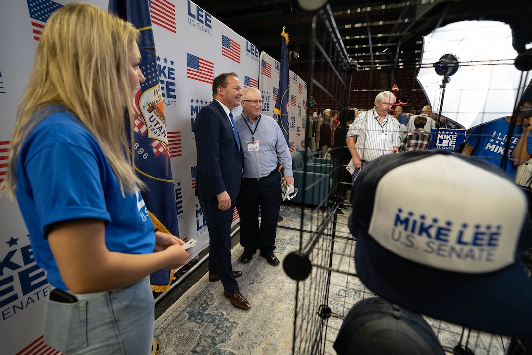 (Francisco Kjolseth | The Salt Lake Tribune) Sen. Mike Lee draws a crowd as he poses for photographs during the Utah Republican Party’s 2021 Organizing Convention at the Maverik Center in West Valley City on Saturday, May 1, 2021, as they return to an in-person format after the pandemic forced the nominating convention to go online last year.