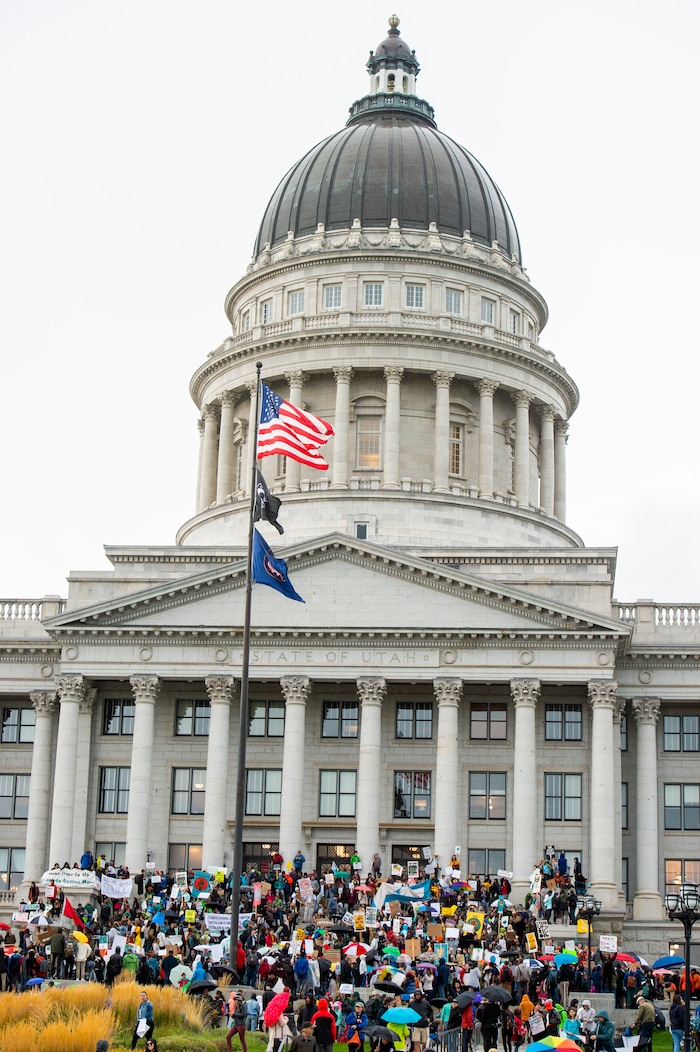 (Rick Egan  |  The Salt Lake Tribune)      Hundreds of students from around the state chant and sing as they gather on the steps of the Utah State Capitol Building, demanding action on the climate crisis. Friday, Sept. 20, 2019.