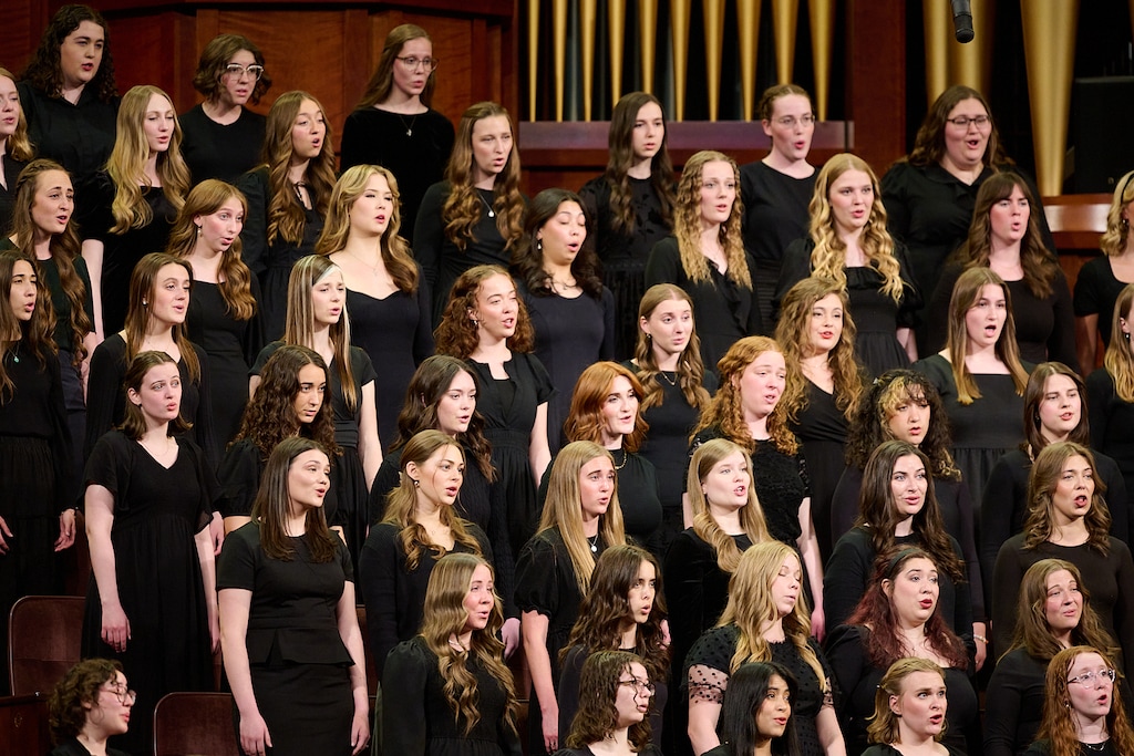 (The Church of Jesus Christ of Latter-day Saints) A choir from Brigham Young University sings at a General Conference in 2025. Religion News Service columnist Jana Riess notes that Latter-day Saint women are now more likely to leave the church than men.