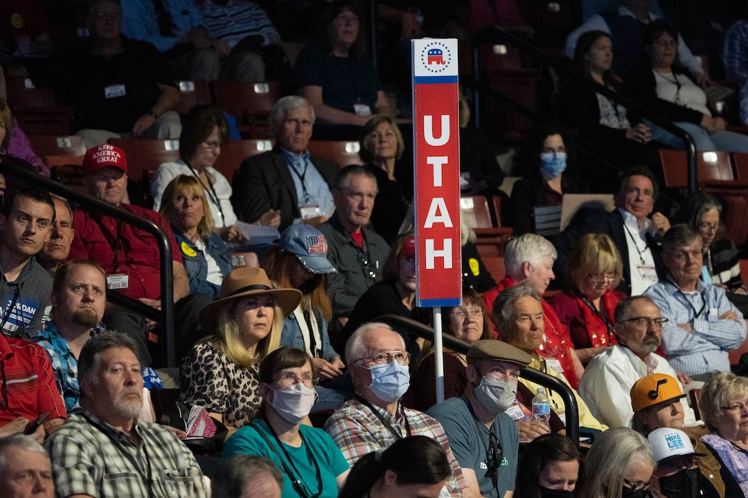 (Francisco Kjolseth | The Salt Lake Tribune) Delegates attend the Utah Republican Party’s 2021 Organizing Convention at the Maverik Center in West Valley City on Saturday, May 1, 2021, as they return to an in-person format after the pandemic forced the nominating convention to go online last year.