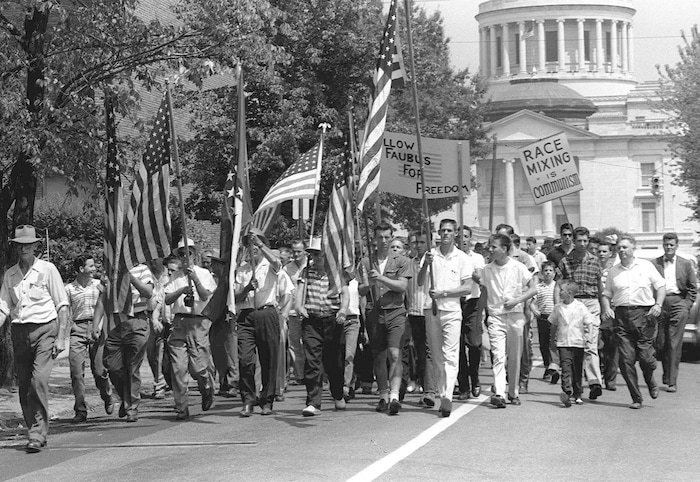 FILE - In this September 1957 file photo, marchers protesting against school integration head south from the State Capitol toward Central High School in Little Rock, Ark. (Will Counts/Arkansas Democrat via AP, File)