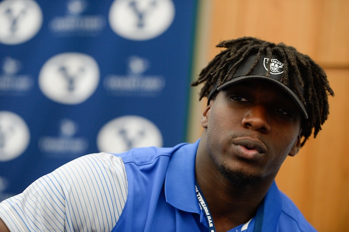(Francisco Kjolseth  |  The Salt Lake Tribune)  Squally Canada is interviewed by the media as BYU hosts their eighth-annual football media day at the BYU-Broadcasting Building on Friday, June 22, 2018.