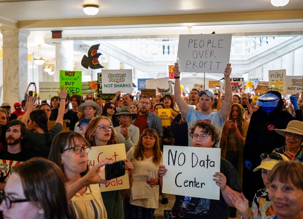 (Chris Samuels | The Salt Lake Tribune) People protest the Stratos data center project at the Capitol in Salt Lake City, Thursday, May 14, 2026.