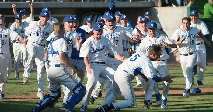 (Rick Egan  |  The Salt Lake Tribune)  The Bingham Miners storm the field to celebrate their win over Riverton, in 6A state baseball State  Championship game, at UVU in Orem, Friday, May 25, 2018.
