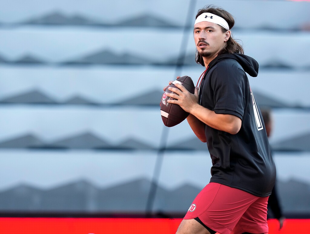 (Leah Hogsten | The Salt Lake Tribune) Utah Utes quarterback Cameron Rising (7) warms up as the University of Utah prepare to take on San Diego State at Rice-Eccles Stadium in Salt Lake City,  Sept. 17, 2022. 