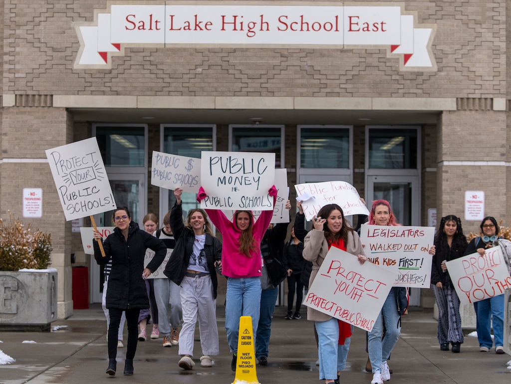 (Rick Egan | The Salt Lake Tribune)  Students and teachers from East High School, walk out of school to protest the HB15 voucher bill, on Wednesday, Jan. 25, 2023.