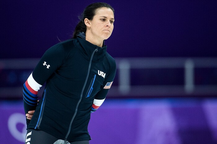 (Chris Detrick  |  The Salt Lake Tribune) USA's Brittany Bowe gets ready to compete in the Ladies' 500m at the Gangneung Oval during the Pyeongchang 2018 Winter Olympics Sunday, Feb. 18, 2018. Bowe finished in 5th place with a time of 37.530. 