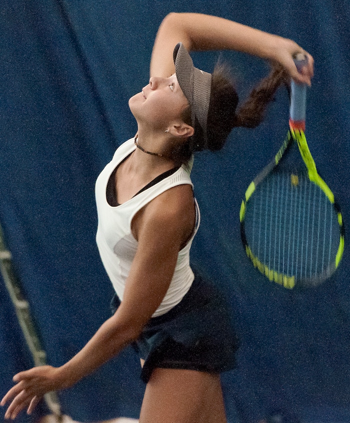Michael Mangum  |  Special to the TribuneRidgeline High School's Naya Tillit winds up for a serve during the Utah high school state tennis finals at the Salt Lake Tennis & Health Club in Salt Lake City on Saturday, September 30, 2017. Tillit defeated Park City's Livi Rockwood for the 4A 1st singles state championship.