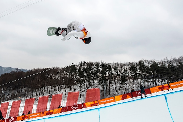 (Chris Detrick  |  The Salt Lake Tribune)  Shaun White competes during the men's halfpipe finals at Phoenix Snow Park during the Pyeongchang 2018 Winter Olympics Wednesday, Feb. 14, 2018.  White won the event with a 97.75, his third Olympic gold medal in the halfpipe (2006, 2010, 2018).