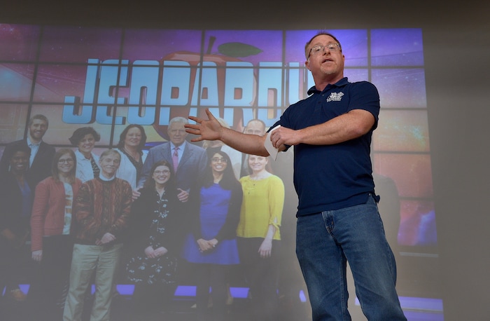 (Scott Sommerdorf | The Salt Lake Tribune)
Real Salt Lake Academy math teacher Steve Mond discusses his appearance as a JEOPARDY! contestant during the watch party at the school, Friday, May 11, 2018, as they showed his performance in the JEOPARDY! Teachers Tournament.