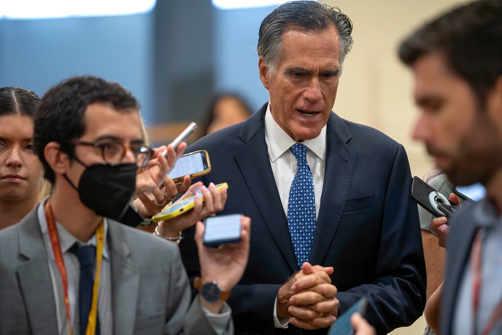 (Mark Schiefelbein | AP) Sen. Mitt Romney, R-Utah, speaks to reporters as he arrives for a vote on Capitol Hill, Tuesday, Sept. 12, 2023, in Washington.