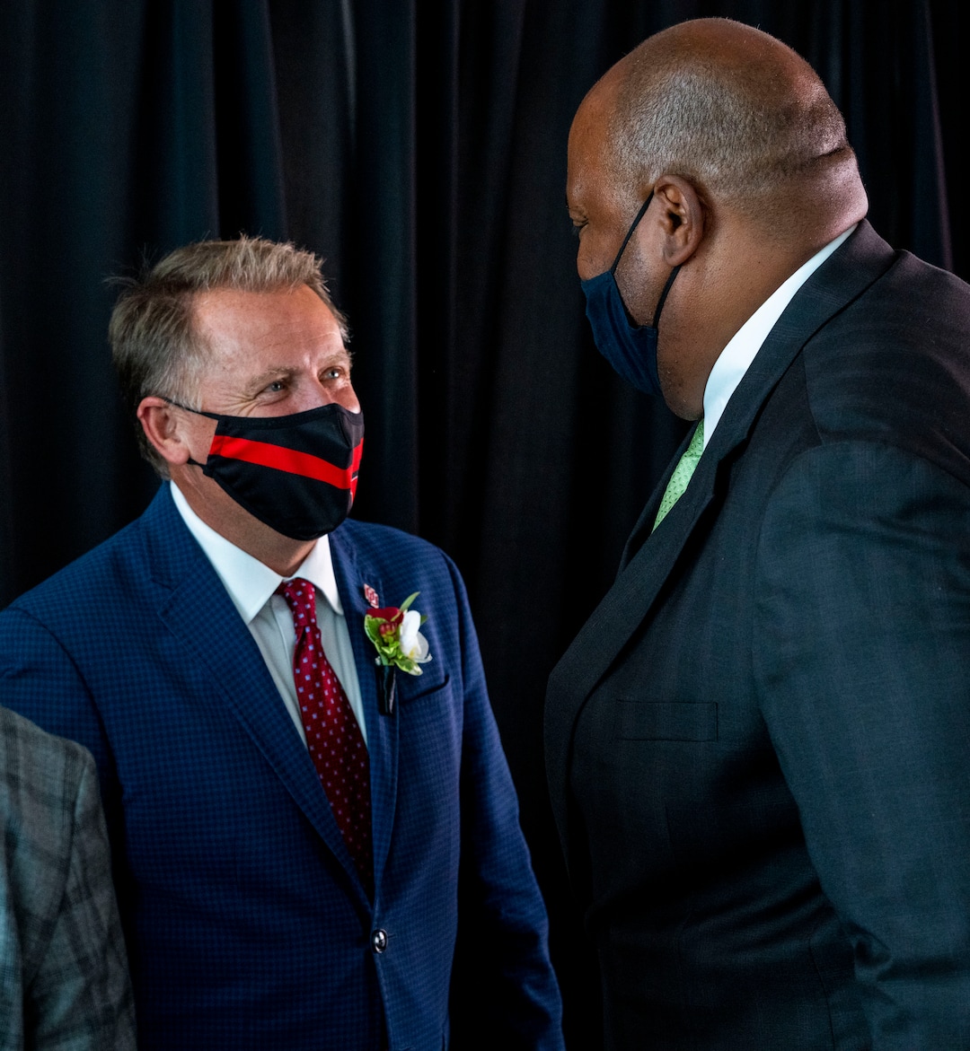 (Rick Egan | The Salt Lake Tribune) Taylor R. Randall chats with Shawn Newell, after the University of Utah announced that Randall was the new President of the University of Utah, during a news conference, on Thursday, Aug. 5, 2021.
