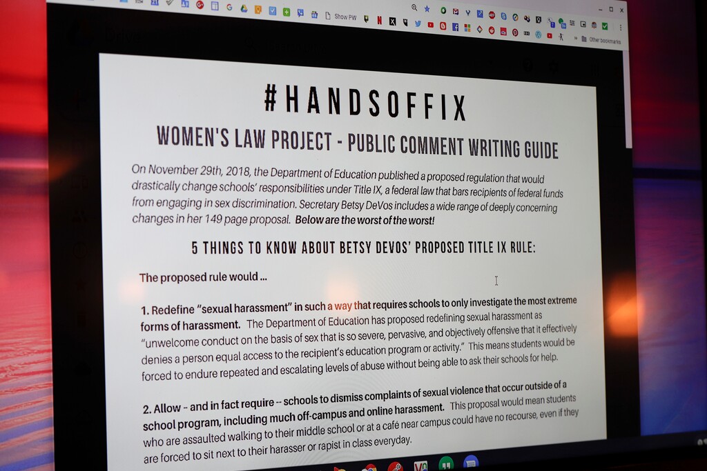 (AP Photo/Keith Srakocic, File) In this Jan. 23, 2019, file photo, a screen with information from the Women's Law Project shows information on some of the proposed changes to the implementation of Title IX as it pertains to the sexual abuse regulations in education at the NOW monthly meeting in Monaca, Pa. Several of the nation’s largest universities receive more sexual assault complaints from off-campus than from school property, but their obligation to address off-campus cases could be dramatically reduced under a federal proposal.