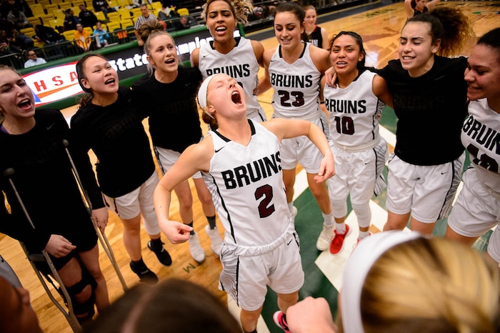 (Trent Nelson | The Salt Lake Tribune)
Hurricane vs. Mountain View, 4A State high school basketball tournament at Utah Valley University in Orem, Thursday March 1, 2018. Mountain View's Alli Warner (2) leads the pre-game huddle.