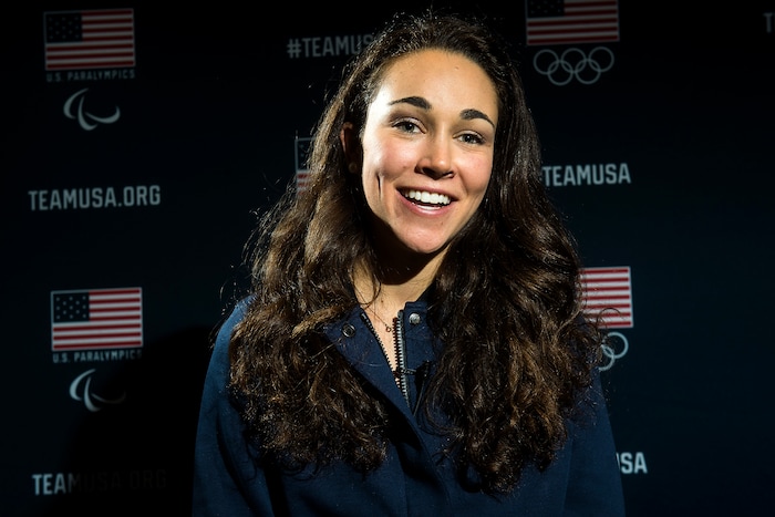 (Chris Detrick  |  The Salt Lake Tribune)  Ski jumping athlete Sarah Hendrickson speaks during the Team USA Media Summit at the Grand Summit Hotel in Canyons Village Tuesday, September 26, 2017.
