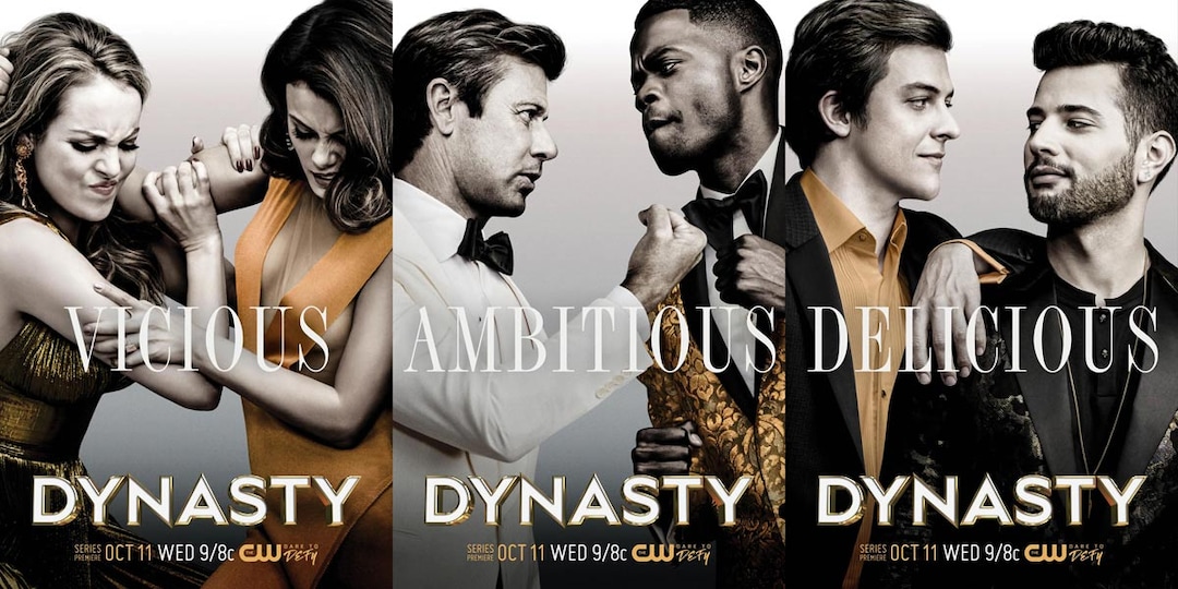 (Courtesy of Marc Hom/The CW) Elizabeth Gillies as Fallon Carrington, Nathalie Kelley as Cristal Flores, Grant Show as Blake Carrington, Sam Adegoke as Jeff Colby, James Mackay as Steven Carrington, and Rafael de la Fuente as Sammy Jo in “Dynasty.”