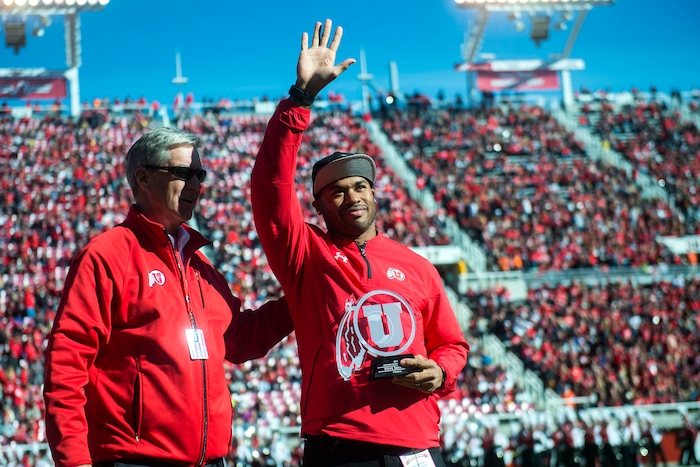 (Chris Detrick | The Salt Lake Tribune) Crimson Club Hall of Fame member Steve Smith Sr. is honored at halftime during the game at Rice-Eccles Stadium Saturday, October 21, 2017. Arizona State Sun Devils defeated Utah Utes 30-10.