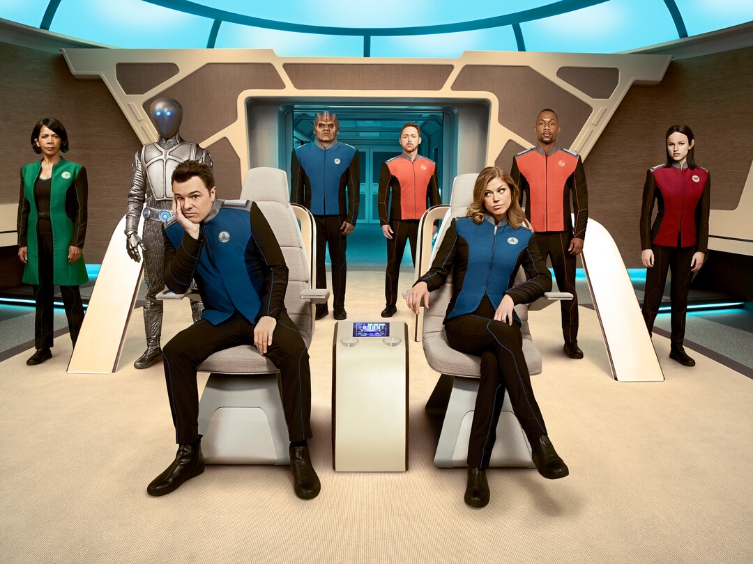 (Noah Schutz/Fox) Penny Johnson Jerald, Mark Jackson, Seth MacFarlane, Peter Macon, Scott Grimes, Adrianne Palicki, J Lee and Halston Sage star in “The Orville.”