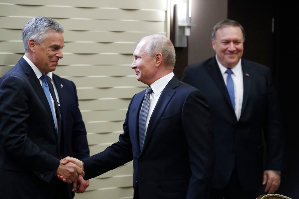 (Pavel Golovkin  |  AP Photo) Russian President Vladimir Putin shakes hands with U.S. Ambassador to Russia Jon Huntsman, left, as U.S. Secretary of State Mike Pompeo, stands behind prior to their talks in the Black Sea resort city of Sochi, southern Russia, Tuesday, May 14, 2019. Huntsman was one of 500 Americans banned from traveling to Russia on May 19, 2023.