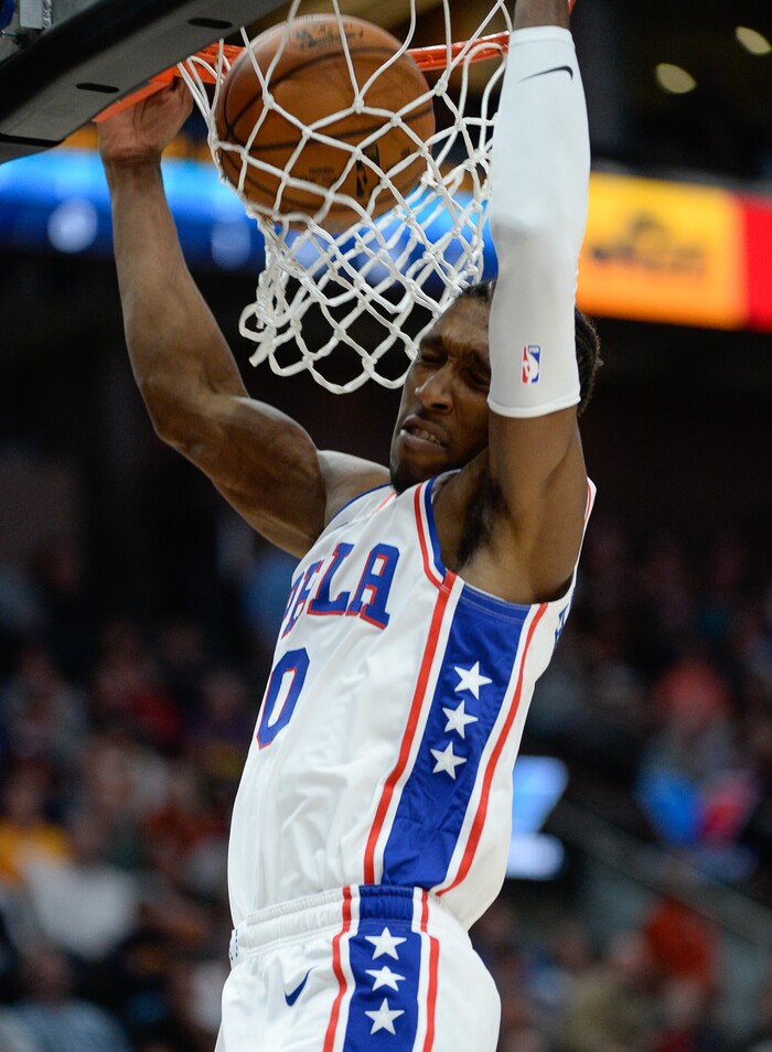 (Francisco Kjolseth  |  The Salt Lake Tribune)  Philadelphia 76ers guard Josh Richardson (0) sinks a basket as the Utah Jazz host the Philadelphia 76ers in their NBA basketball game at Vivint Smart Home Arena in Salt Lake City on Wednesday, Nov. 6, 2019.